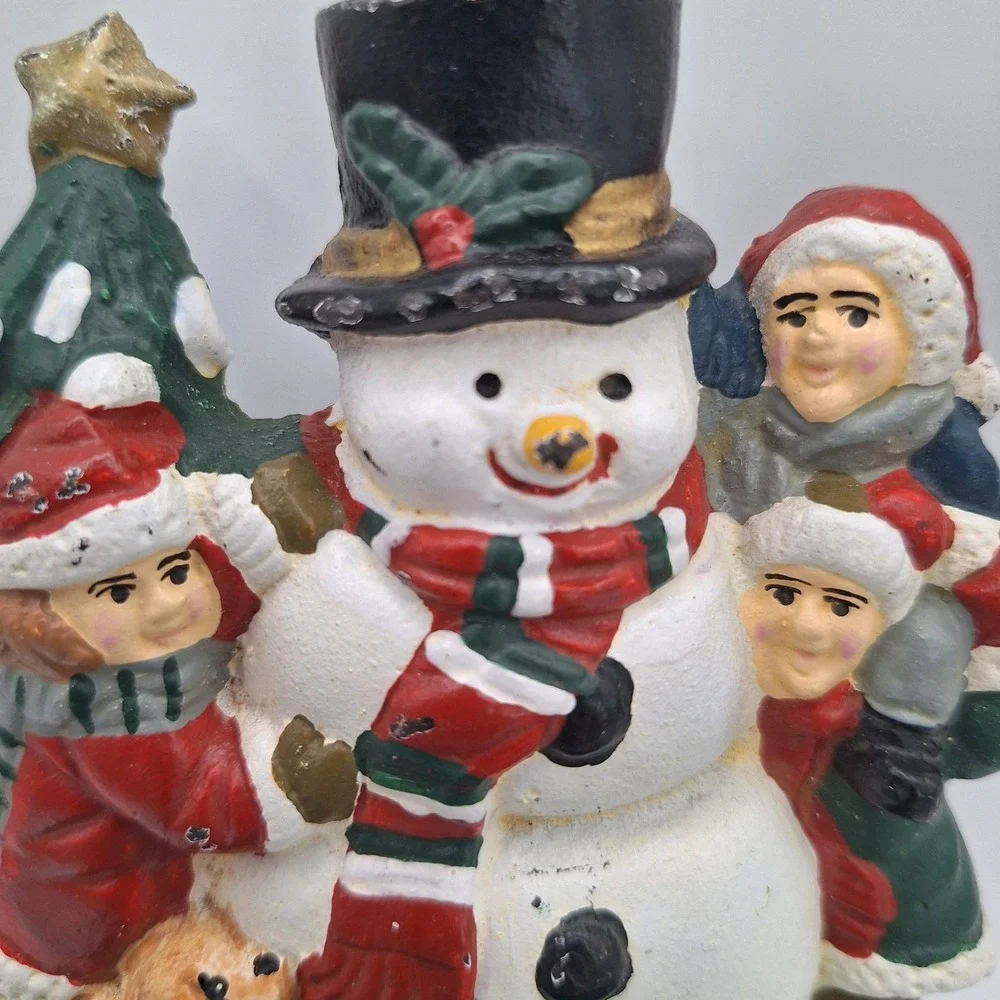 Vintage Cast Iron Christmas Stocking Hanger Hook Snowman, Kids, and Dog 5.5 inch